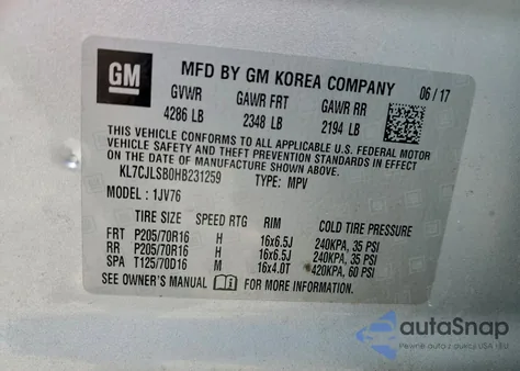 2017 Chevrolet Trax 1Lt z USA, uszkodzony, nr VIN KL7CJLSB0HB231259